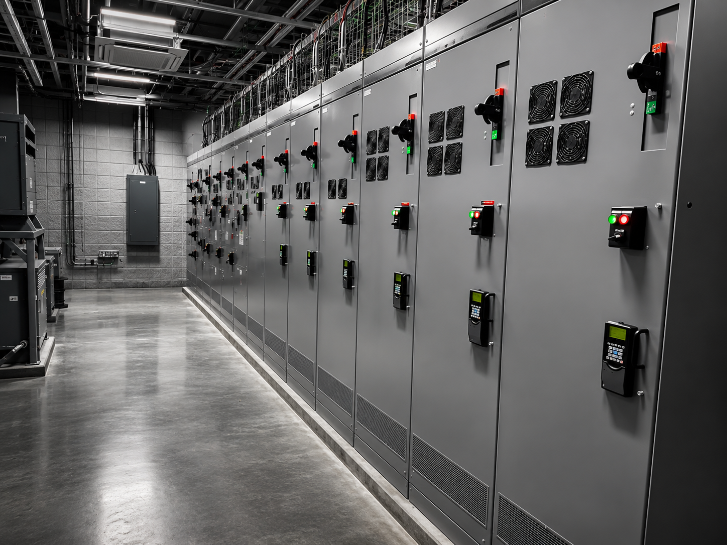 Industrial electrical control room with power distribution panels