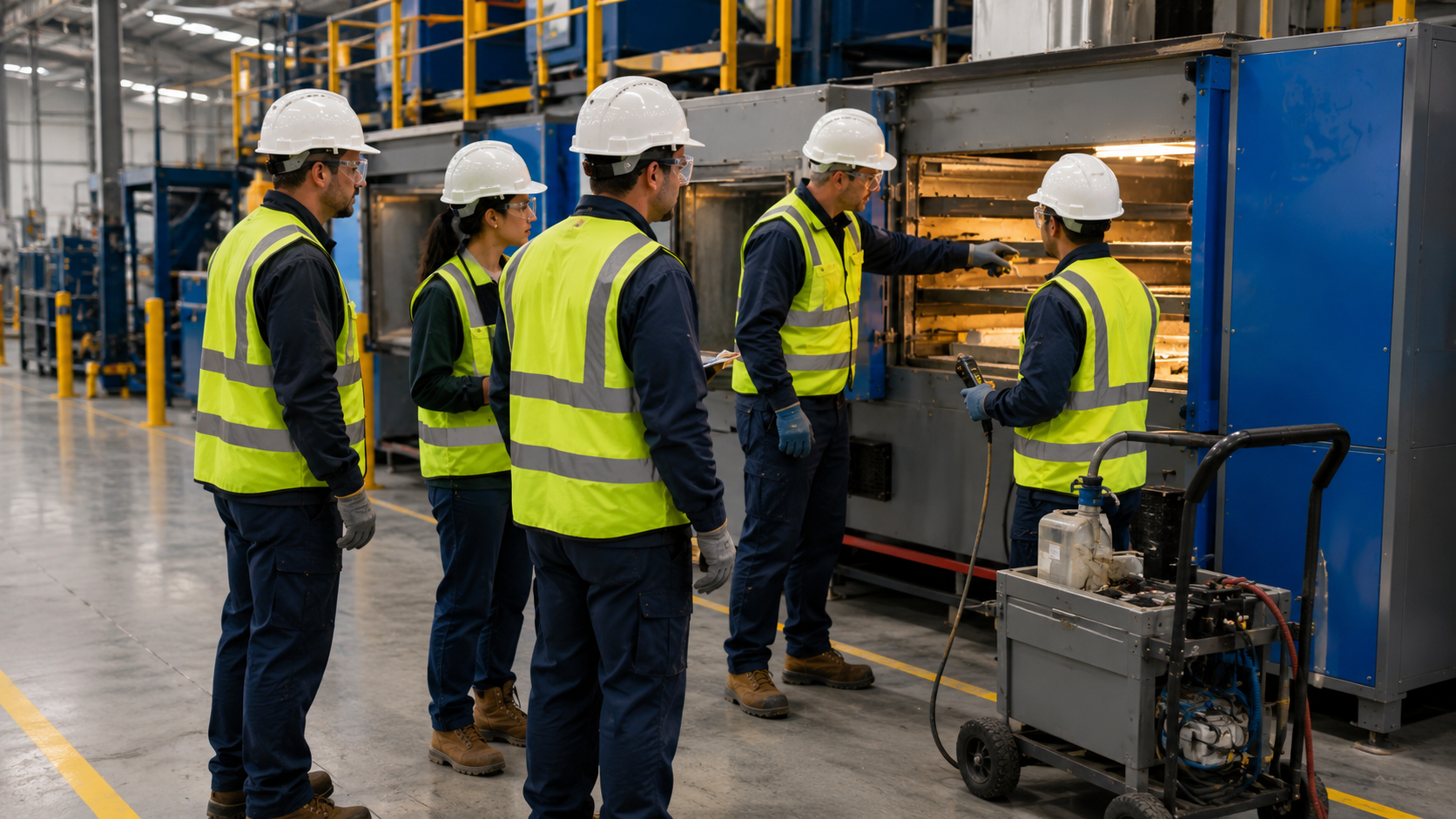 Maintenance crew in high-visibility gear working at an industrial furnace