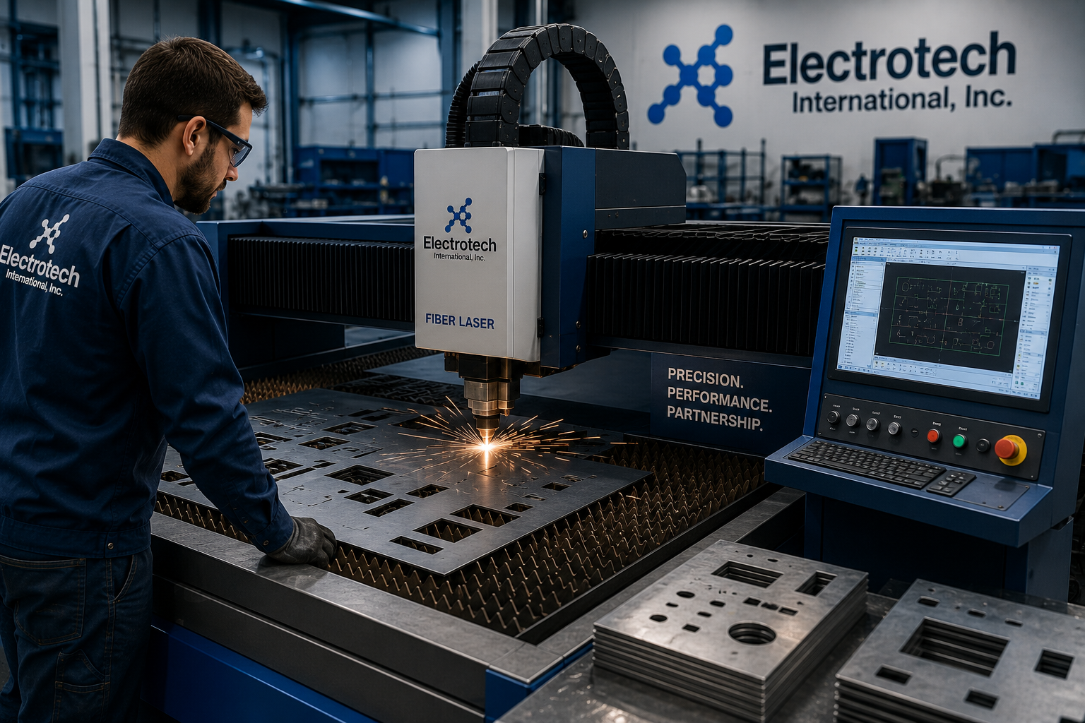 Fiber laser cutting bed in operation